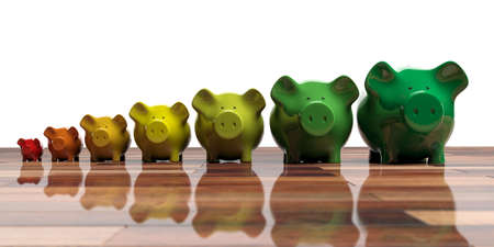 Piggy banks on wooden floor - energy efficiency concept. 3d illustrationの写真素材