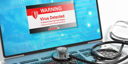 Virus alert on a laptop screen and a stethoscope. 3d illustrationの写真素材