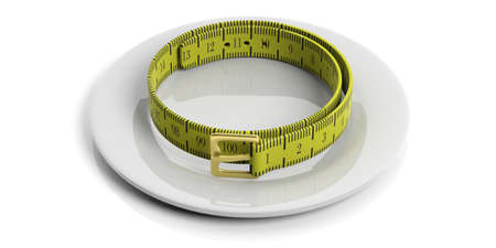 Yellow measure tape - belt on a white plate. 3d illustrationの写真素材