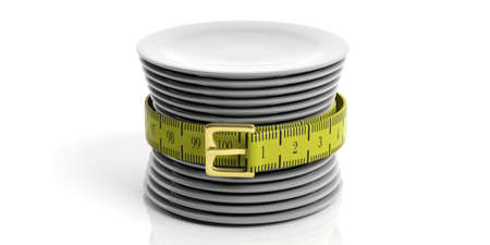Yellow measure tape - belt and a stack of white plates. 3d illustrationの写真素材