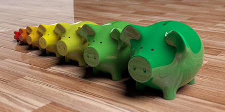 Piggy banks on wooden background - energy efficiency concept. 3d illustrationの写真素材