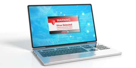 Virus alert on a laptop screen on white background. 3d illustrationの写真素材