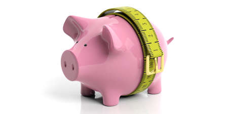 Yellow measure tape - belt and piggy bank on white background. 3d illustrationの写真素材