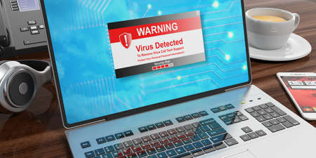 Virus alert on a laptop screen on an office desk. 3d illustrationの写真素材