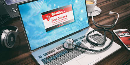 Virus alert on a laptop screen and a stethoscope. 3d illustrationの写真素材