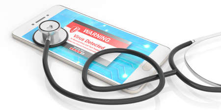 Virus alert on a smartphone screen and a stethoscope on white background. 3d illustrationの写真素材