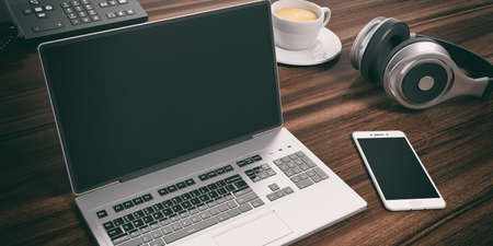 Laptop on a wooden desk. 3d illustrationの写真素材