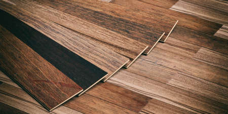 Laminate floor planks on wooden background. 3d illustrationの写真素材