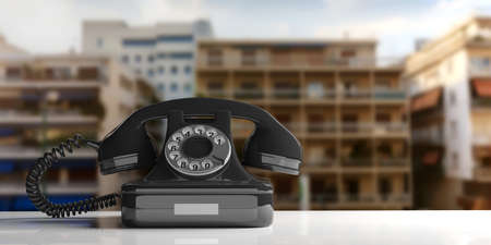 Black old telephone on urban abstract background. 3d illustrationの写真素材