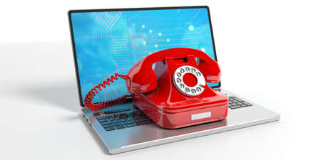Red old telephone on a laptop on white background. 3d illustrationの写真素材