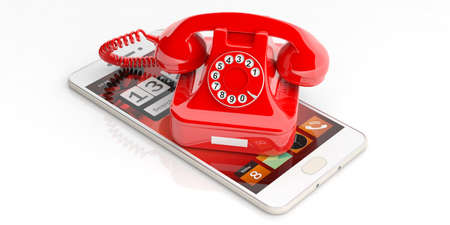 Red old telephone and modern smartphone isolated on white background. 3d illustrationの写真素材