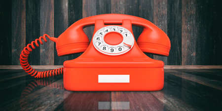 Red old telephone isolated on wooden background. 3d illustrationの写真素材