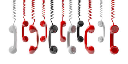 Old phone receivers hanging on white background. 3d illustrationの写真素材