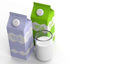 Carton boxes and glass of milk on white background. 3d illustrationの写真素材