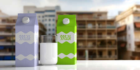 Carton boxes and glass of milk on city abstract background. 3d illustrationの写真素材