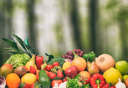 Variety of fresh fruits and vegetables on nature backgroundの写真素材