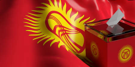 Glass ballot box on Kyrgyzstan flag background, 3d illustrationの写真素材