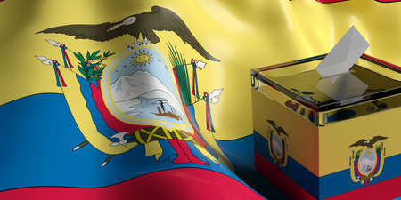 Glass ballot box on Ecuador flag background, 3d illustrationの写真素材