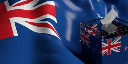 Glass ballot box on New Zealand flag background, 3d illustrationの写真素材