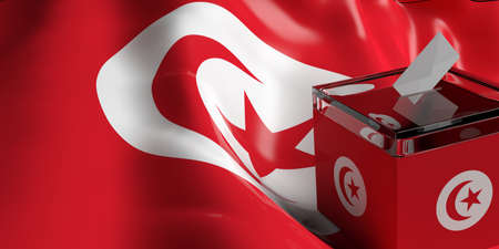 Glass ballot box on Tunisia flag background, 3d illustration