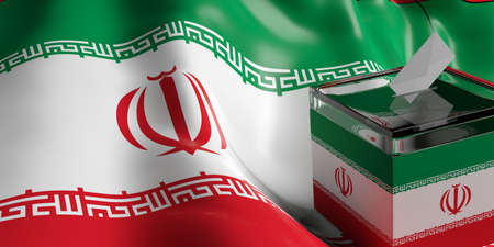 Glass ballot box on Iran flag background, 3d illustrationの写真素材