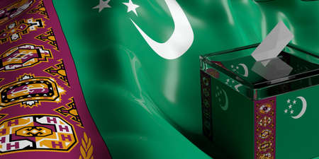 Glass ballot box on Turkmenistan flag background, 3d illustrationの写真素材