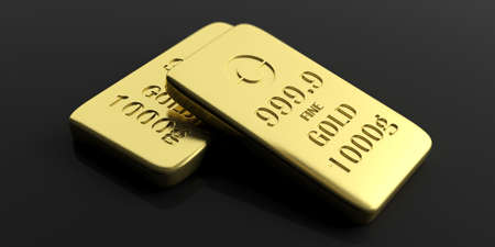 Gold bullion bars isolated on black background. 3d illustrationの写真素材