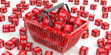 Discount cubes in a shopping basket on white background. 3d illustration
