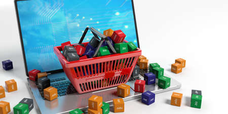 Domain names cubes in a shopping basket on a laptop. 3d illustrationの写真素材