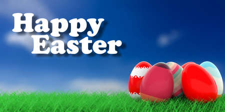 Colorful easter eggs on grass on blue sky background. 3d illustration