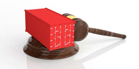 Container on an auction gavel on white background. 3d illustration