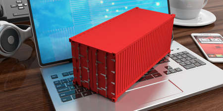 Container on a laptop in an office. 3d illustrationの写真素材
