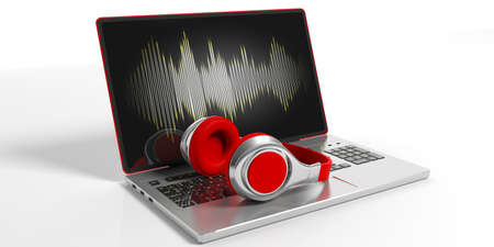 Headphones on a laptop on white background. 3d illustration