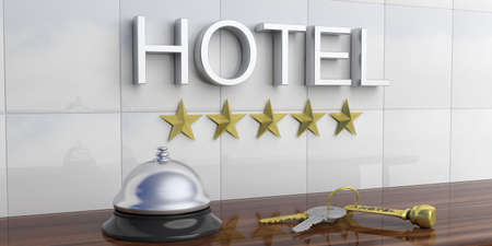Hotel bell and room keys on a reception desk. 3d illustration