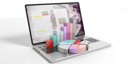 Bar and pie charts on a laptop on white background. 3d illustrationの写真素材