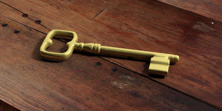 Old metal key on a wooden background. 3d illustrationの写真素材