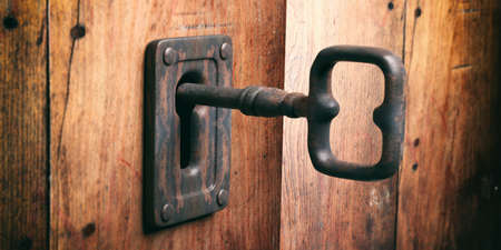 Old metal key and keyhole. Wooden background. 3d illustrationの写真素材