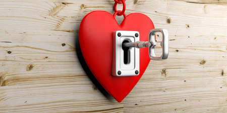Red heart with lock and key on a wooden background. 3d illustrationの写真素材