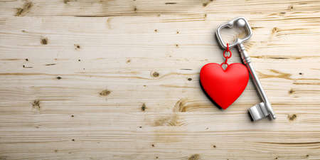 Metal key with red heart on a wooden background. 3d illustrationの写真素材