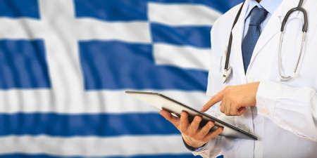 Doctor on flag of Greece background. 3d illustrationの写真素材