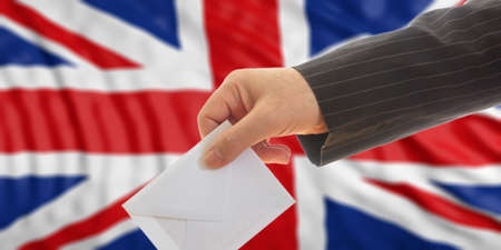 Voter on waiving Great Britain flag background. 3d illustrationの写真素材