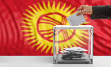 Voter on an waiving Kyrgyzstan flag background. 3d illustrationの写真素材