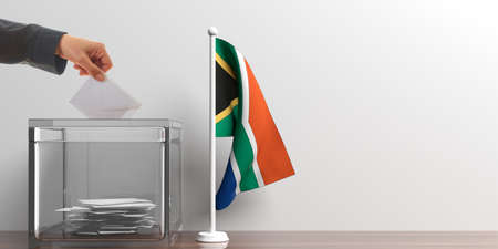 Glass ballot box and a small South Africa flag. 3d illustrationの写真素材