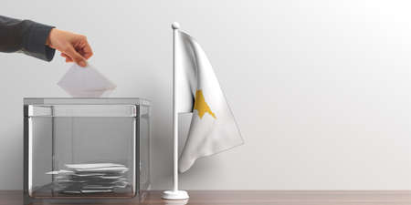 Glass ballot box and a small Cyprus flag. 3d illustrationの写真素材