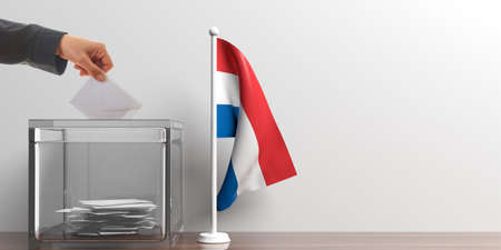 Glass ballot box and a small Netherlands flag. 3d illustrationの写真素材