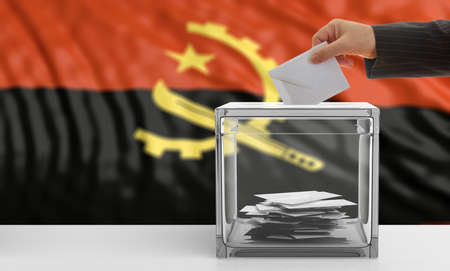 Voter on an waiving Angola flag background. 3d illustrationの写真素材