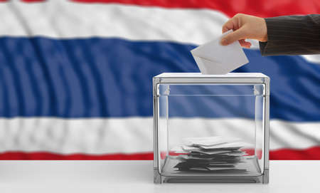 Voter on an waiving Thailand flag background. 3d illustrationの写真素材