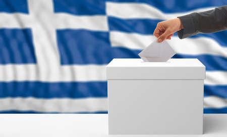 Voter on an waiving Greece flag background. 3d illustrationの写真素材