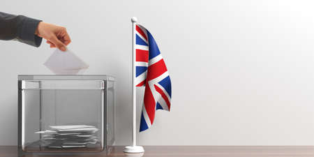 Glass ballot box and a small Great Britain flag. 3d illustrationの写真素材