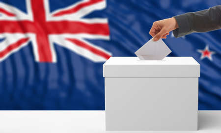 Voter on an waiving New Zealand flag background. 3d illustrationの写真素材